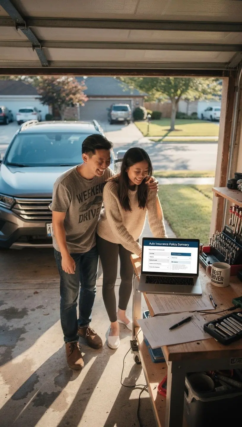 Widok na ekran z podsumowaniem ubezpieczenia samochodowego, pokazującym koszty oraz korzyści dla kierowcy.