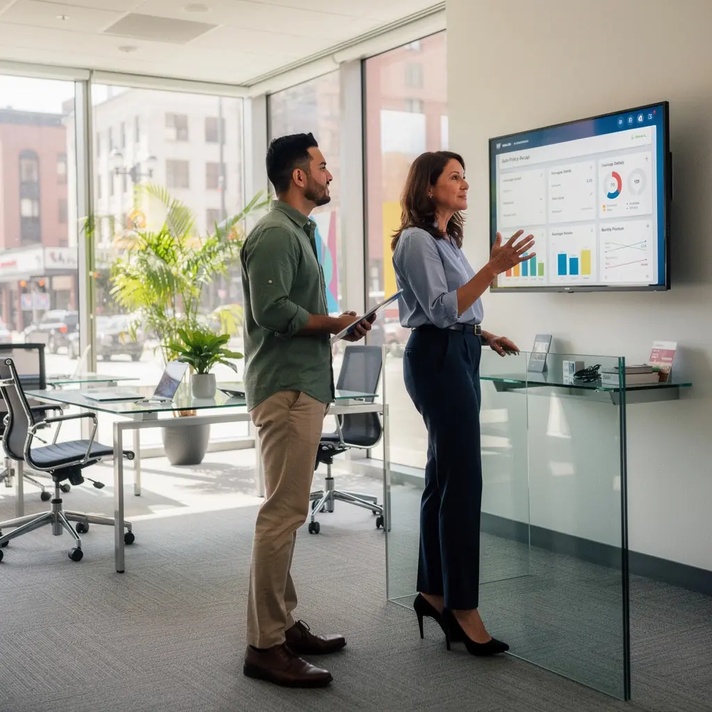 Osoba analizująca spersonalizowaną polisę ubezpieczeniową, otoczona komputerem i materiałami edukacyjnymi.
