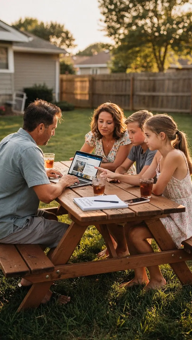 Kierowca przeglądający dokumenty ubezpieczeniowe przy biurku, z kalkulatorem i notatkami.