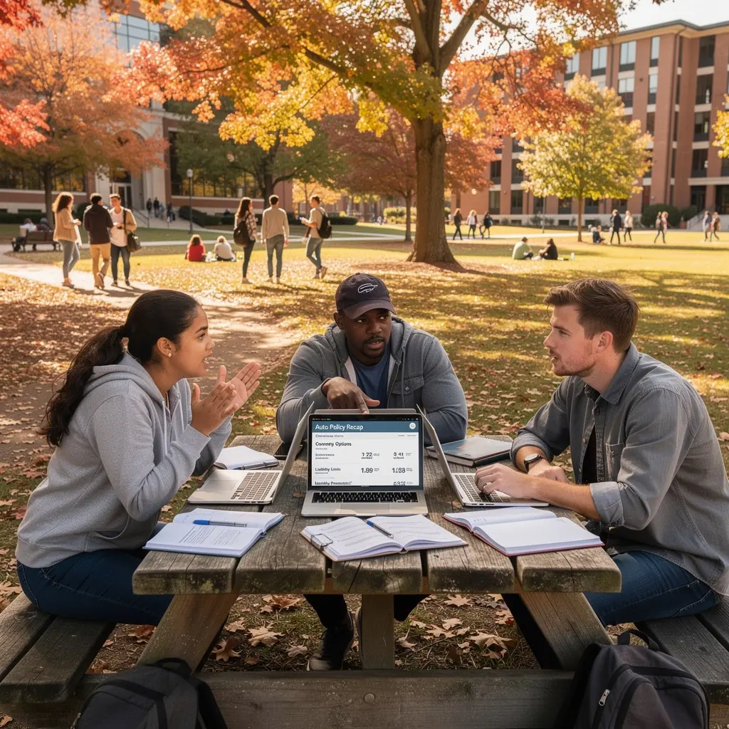 Kierowca analizujący opcje ubezpieczenia samochodu, z kalkulatorem i notatkami na biurku.