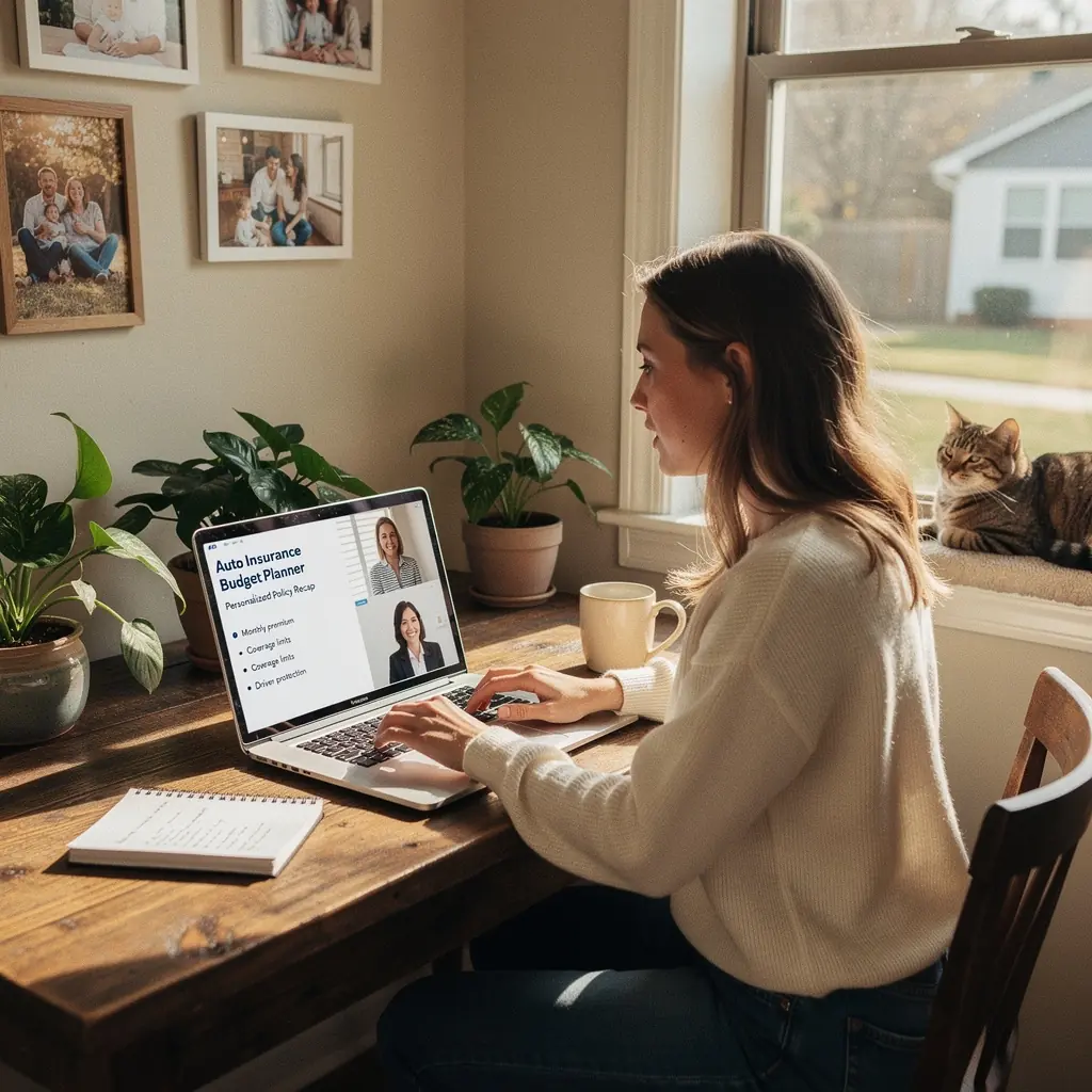Zdjęcie biurka z laptopem, notatkami i materiałami dotyczącymi ochrony kierowcy i ubezpieczenia.